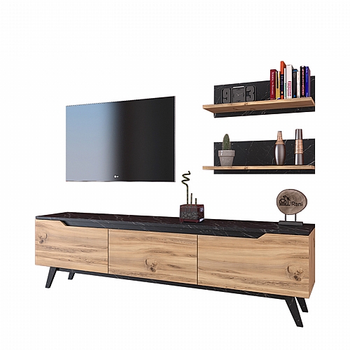 Σύνθετο σαλονιού Kasia pakoworld oak-μαύρο μαρμάρου 180x35x48,5εκ