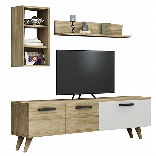 Έπιπλο τηλεόρασης PWF-0605 pakoworld καρυδί-λευκό 140x30x46εκ