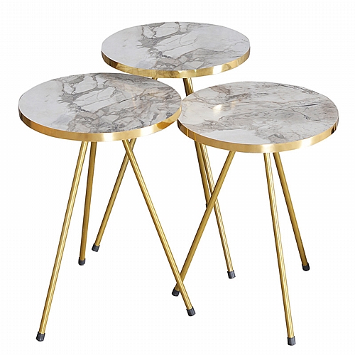 Βοηθητικά τραπέζια Weber pakoworld σετ 3τεμ λευκό γκρι μαρμάρου-χρυσό