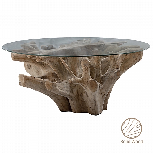 Τραπέζι σαλονιού Balance pakoworld γυαλί 6mm tempered-χειροποίητo teak ξύλο φυσικό 100x100x46εκ
