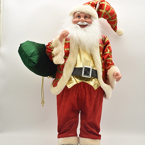 Φιγούρα Άγιος Βασίλης με κόκκινο σακάκι με λαχανί καρό και πράσινο σάκο