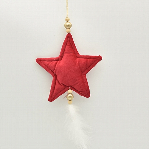 Στολίδι κρεμαστό υφασμάτινο κόκκινο αστέρι με λευκό πούπουλο στο τέλος