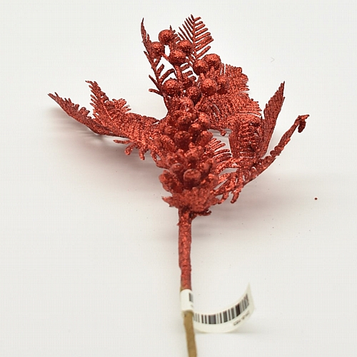 Χριστουγεννιάτικο διακοσμητικό κλαδί (φύλλα, κουκουνάρια και berries) χρώμα κόκκινο glitter