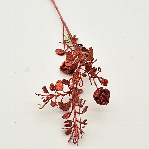 Χριστουγεννιάτικο διακοσμητικό κλαδί (φύλλα και τριαντάφυλλα) σε χρώμα κόκκινο glitter