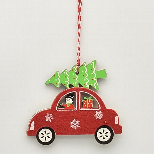 Στολίδι ξύλινο με τσόχα αυτοκινητάκι με χιονάνθρωπο και δέντρο