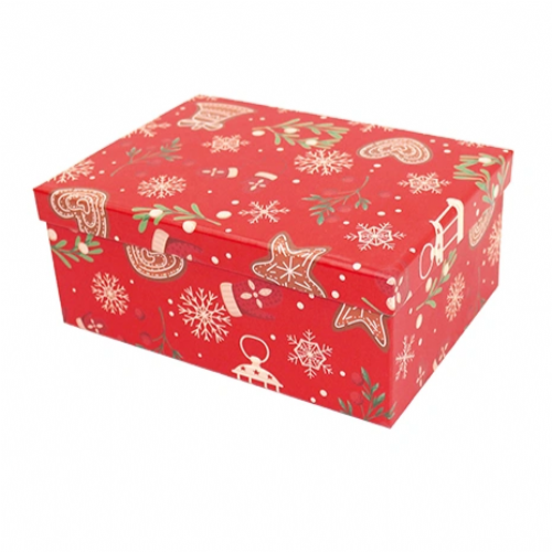 Χριστουγεννιάτικο κόκκινο κουτί με εικονιζόμενες καμπανούλες, χιονονιφάδες μπισκοτάκια