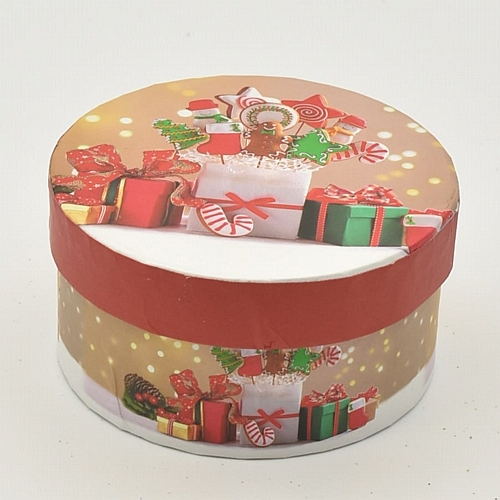 Χριστουγεννιάτικο στρόγγυλο κουτί με δώρα και μπισκοτάκια