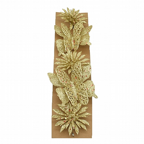 Διακοσμητικό πικ χρώμα χρυσό glitter σχέδιο λουλούδια-πεταλούδες 5τμχ