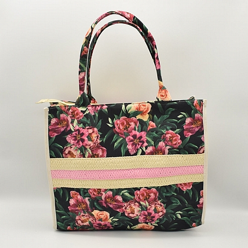 Γυναικεία τσάντα θαλάσσης floral με ψάθινη λεπτομέρεια