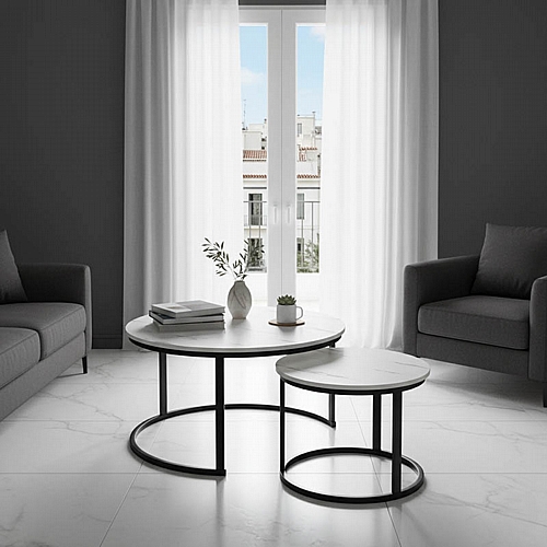 Τραπέζια σαλονιού Solme I pakoworld 2τεμ σε λευκή μαρμάρου απόχρωση με μαύρα μεταλλικά πόδια