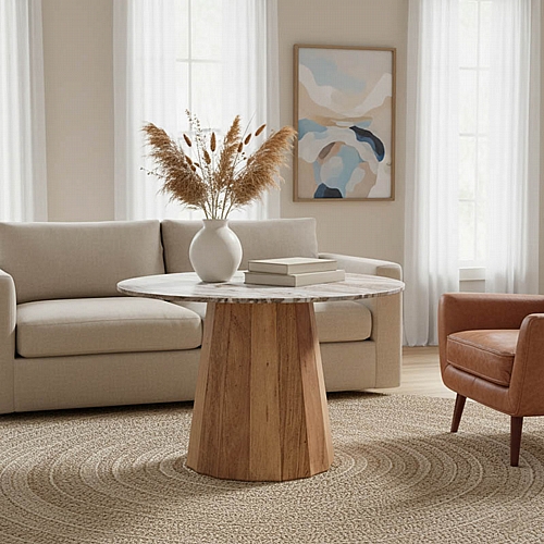 Τραπέζι Ezerdian pakoworld μασίφ ξύλο ακακίας σε φυσική απόχρωση με επιφάνεια μαρμάρου Φ150x76εκ