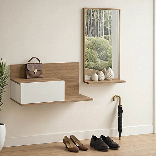 Έπιπλο εισόδου με καθρέπτη Miranda pakoworld σε λευκή-oak απόχρωση 60x30x89.5εκ Έπιπλο εισόδου με καθρέπτη Miranda pakoworld σε λευκή-oak απόχρωση 60x30x89.5εκ