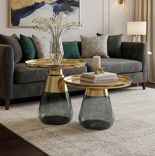 Τραπέζια σαλονιού Kunlo Inart σετ 2τεμ χρυσό χρώμιο-μαύρο γυαλί