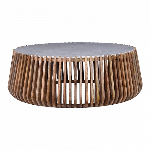 Τραπέζι σαλονιού Mable pakoworld mango ξύλο σε φυσική απόχρωση με επιφάνεια μαρμάρου Φ120x45εκ