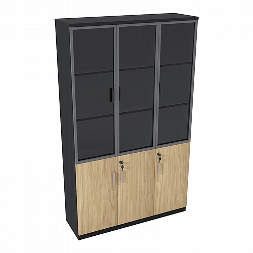 Ντουλάπα γραφείου με γυάλινες πόρτες Lotus pakoworld χρώμα φυσικό - ανθρακί 120x40x200εκ