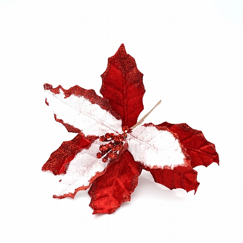 Χριστουγεννιάτικο Διακοσμητικό Λουλούδι Αλεξανδρινό Κόκκινο–Λευκό με Γκλίτερ