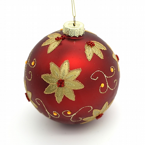 Χριστουγεννιάτικη Γυάλινη Μπάλα Κόκκινη με Χρυσά Λουλούδια