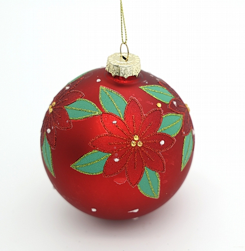 Χριστουγεννιάτικη Μπάλα Κόκκινη με Πράσινα Φύλλα & Λουλούδια