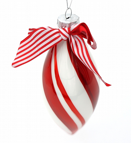 Χριστουγεννιάτικο Γυάλινο Στολίδι Σταγόνα Κόκκινο – Λευκό με Ρίγες & Φιόγκο