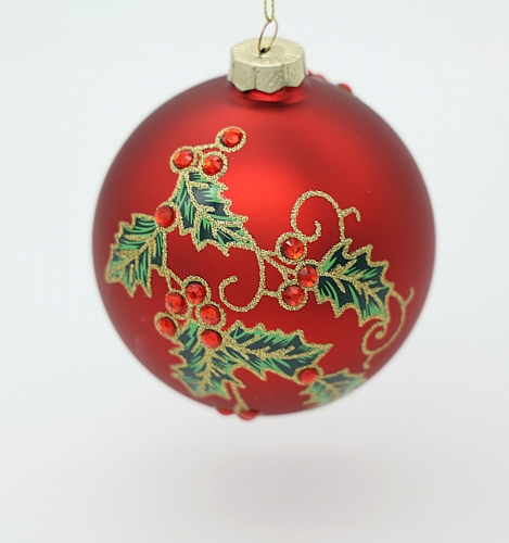 Χριστουγεννιάτικη Μπάλα Κόκκινη με Φύλλα Γκι & Διακοσμητικές Πέτρες