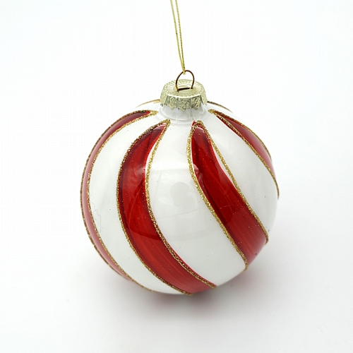 Χριστουγεννιάτικη Γυάλινη Μπάλα Λευκή με Κόκκινες Ρίγες & Χρυσό Glitter