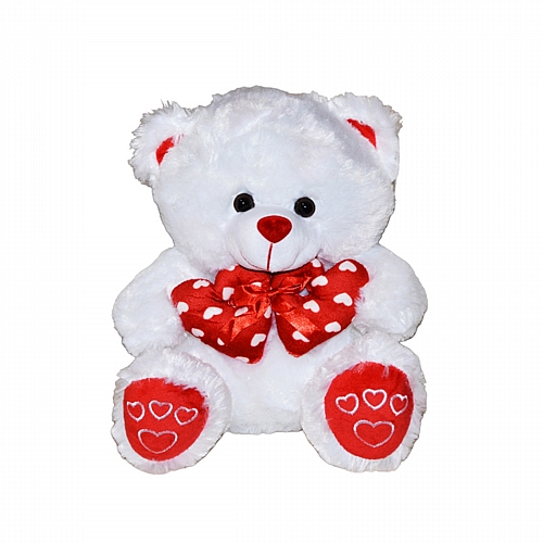 Λούτρινος Αρκούδος με Καρδιά & Φιόγκο – Λευκό (35cm)