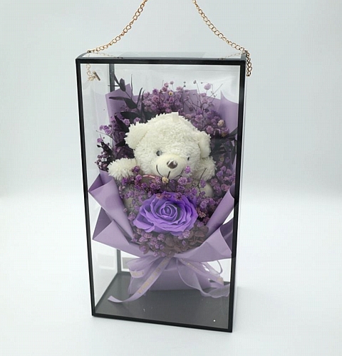 Μπουκέτο με Αρκουδάκι σε Διάφανο Κουτί, 32x10x18cm