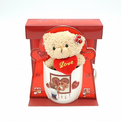 Σετ Δώρου Κούπα LOVE με Λούτρινο Αρκουδάκι & Καρδιά – 9×8.5 cm