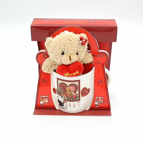 Σετ Δώρου Κούπα LOVE με Λούτρινο Αρκουδάκι & Καρδιά – 9×8.5 cm