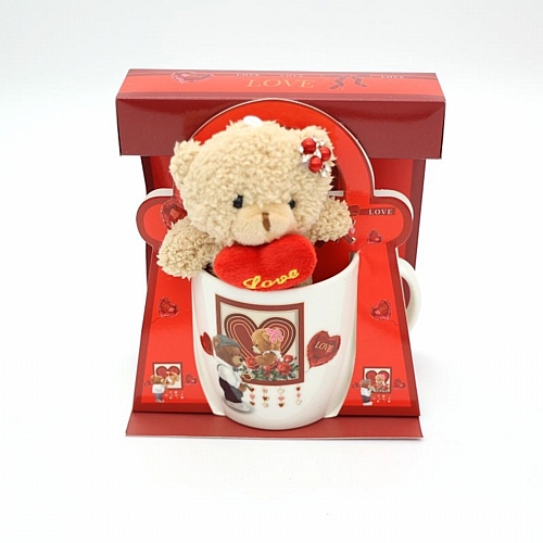 Σετ Δώρου Κούπα LOVE με Λούτρινο Αρκουδάκι & Καρδιά – 9×8.5 cm