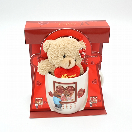 Σετ Δώρου Κούπα LOVE με Λούτρινο Αρκουδάκι & Καρδιά – 9×8.5 cm