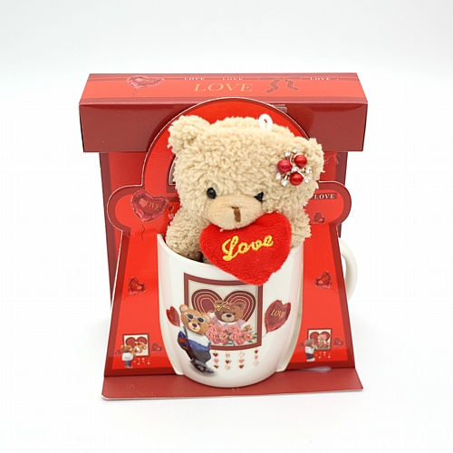 Σετ Δώρου Κούπα LOVE με Λούτρινο Αρκουδάκι & Καρδιά – 9×8.5 cm