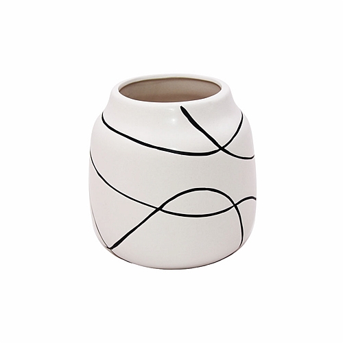 Μοντέρνο κεραμικό βάζο με μαύρες αφηρημένες γραμμές, 17cm