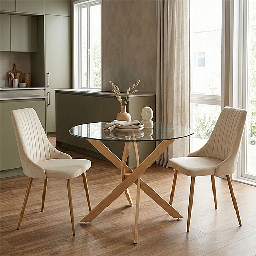 Τραπεζαρία με Καρέκλες Azori Μπεζ και Τραπέζι Antoro Γυαλί Φ80x75εκ Σετ 3τεμ Τραπεζαρία με Καρέκλες Azori Μπεζ και Τραπέζι Antoro Γυαλί Φ80x75εκ Σετ 3τεμ