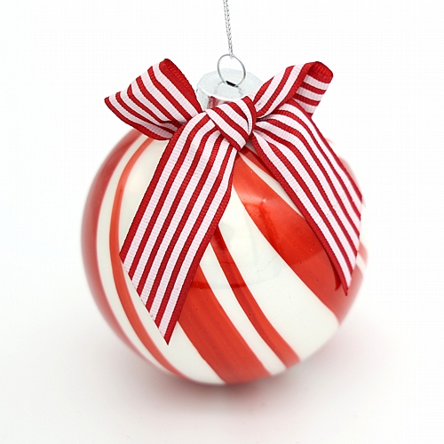 Χριστουγεννιάτικο Γυάλινο Στολίδι Μπάλα Κόκκινη – Λευκή με Ριγέ Φιόγκο