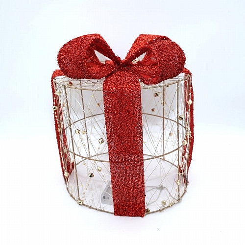 Φωτιζόμενο δώρο ,led, μπαταρίας, timer, χρυσό με κόκκινο φιόγκο θερμό λευκό mini led, IP20