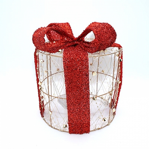 Φωτιζόμενο δώρο ,led, μπαταρίας, timer, χρυσό με κόκκινο φιόγκο θερμό λευκό mini led, IP20 IP20	