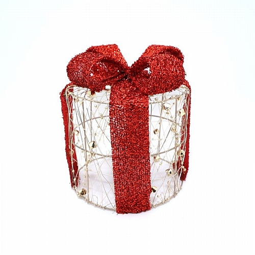 Φωτιζόμενο δώρο ,led, μπαταρίας, timer, χρυσό με κόκκινο φιόγκο θερμό λευκό mini led, IP20 IP20	