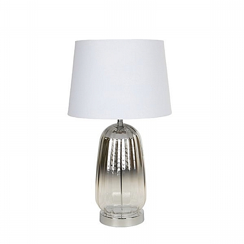 Επιτραπέζιο Φωτιστικό με Λευκό Λινό Καπέλο Μεταλλίκο - Γυάλινο Ασημί 30x52cm