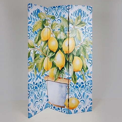 Παραβάν Καμβάς Εκτύπωση Γλάστρα με Λεμόνια Κίτρινο-Πράσινο-Γαλάζιο 120x2.5x180cm