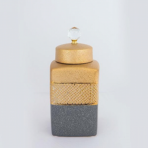 ΒΑΖO ΜΕ ΚΑΠΑΚΙ ΚΕΡΑΜΙΚΟ ΓΚΡΙ - ΧΡΥΣΟ 14.5x14.5x30cm