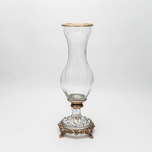 ΒΑΖΟ ΓΥΑΛΙΝΟ ΜΕ ΜΕΤΑΛΛΙΚΑ ΤΕΛΕΙΩΜΑΤΑ ΑΝΤΙΚΕ ΧΡΥΣΟ-ΔΙΑΦΑΝΕΣ ΓΥΑΛΙ 13x13x36cm