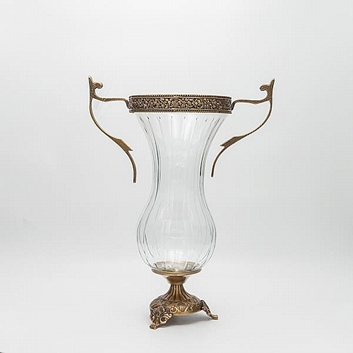 ΒΑΖΟ ΓΥΑΛΙΝΟ ΜΕ ΜΕΤΑΛΛΙΚΑ ΤΕΛΕΙΩΜΑΤΑ ΑΝΤΙΚΕ ΧΡΥΣΟ-ΔΙΑΦΑΝΕΣ ΓΥΑΛΙ 27x16x38cm