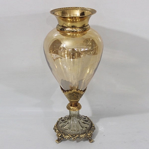 ΒΑΖΟ ΓΥΑΛΙΝΟ ΜΕ ΜΕΤΑΛΛΙΚΑ ΤΕΛΕΙΩΜΑΤΑ ΑΝΤΙΚΕ ΧΡΥΣΟ-ΜΕΛΙ ΓΥΑΛΙ 17x17x38cm