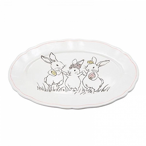 Διακοσμητική Πασχαλινή Πιατέλα με Λαγούς – Κεραμική Λευκή 25.7x17.6x1.8cm