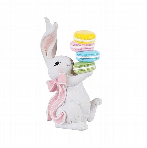 Πασχαλινός Λαγός Πολυρεζίν Λευκός με Φιόγκο & Πολύχρωμα Μακαρόν 9x10.3x20.8cm