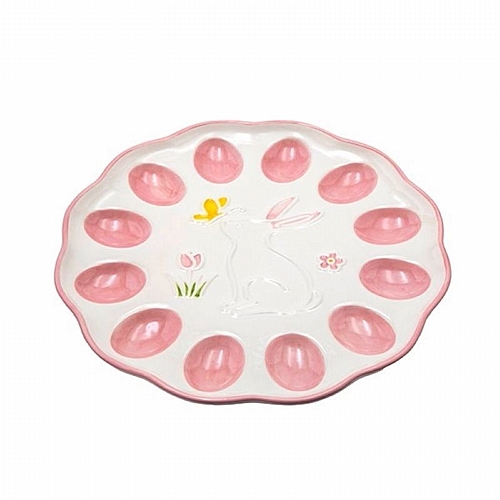 Διακοσμητικός Πασχαλινός Δίσκος για Αυγά με Λαγό Κεραμικός Λευκός-Ροζ 25.7x2.2cm