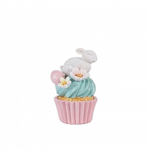 Πασχαλινός Λευκός Λαγός Πολυρεζίν σε Κέικ με Λουλούδια & Ροζ Αυγό 7.5x8x12.5cm