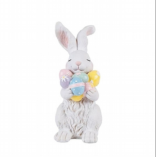 Πασχαλινός Λαγός Πολυρεζίν με Πολύχρωμα Αυγά Λευκός-Ροζ 9.8x12.8x23.5cm