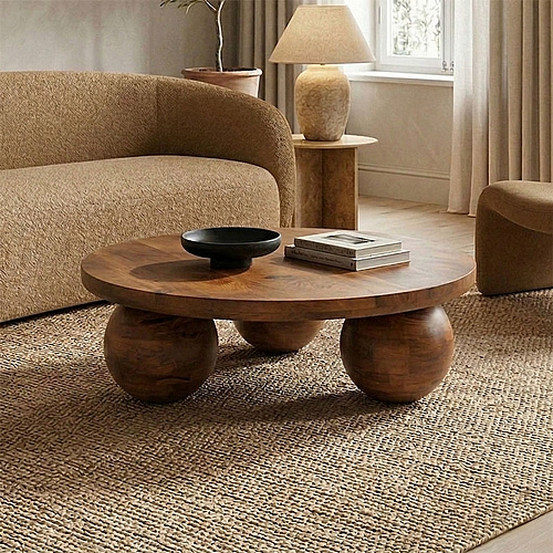 Τραπέζι σαλονιού Fedena pakoworld μασίφ μάνγκο ξύλο καρυδί Φ90x30εκ